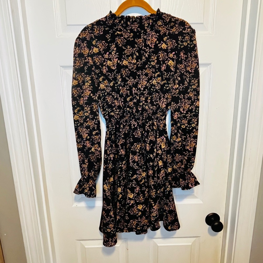 Black Floral Long Sleeve Mock Neck Smocked Waist Mini Dress XS Whimsical Gothic